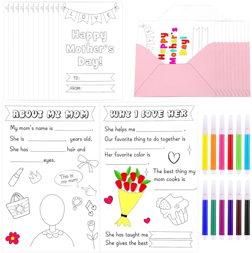 Chiisong 36 Sets Happy Mother's Day Cards from Daughter Son Mother's Day Crafts Gifts for Kids Fill in The Blank Cards with 36 Envelopes 12 Watercolor Pens for Mom Family Activities