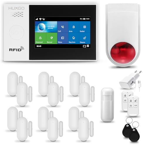 HUXGO® HXA007 Funk Alarmanlage Set WiFi + GSM 4G LTE mit Solar Alarmsirene | Alarm System mit Bewegungsmelder, 12x Fensteralarm/Türsensoren | Alarmanlage fürs Haus, Wohnung, Wohnmobil | Smart Home