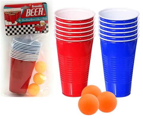 ZOPPER Vasos de cerveza de plástico reutilizables para fiestas, todo tipo de eventos, resistentes e impermeables con 3 bolas de ping y 12 tazas (6 rojas y 6 azules)
