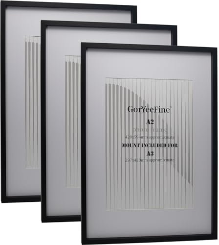Black A2 wooden Photo Frame Set of 3 with Mounts for A3 frame, Boxed Gallery Picture Frames A2 3Pack, A2 wooden Effect Poster Frame with Mount for A3 picture Frames