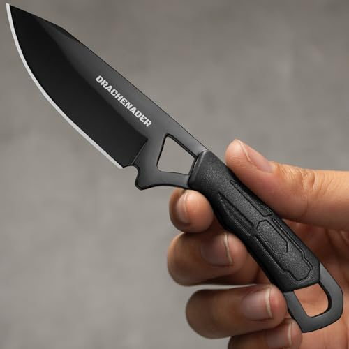 DRACHENADER Couteau à Deux Mains EDC Fulltang - Lame Noire 6,9 cm Avec Étui ABS - Manche Noir