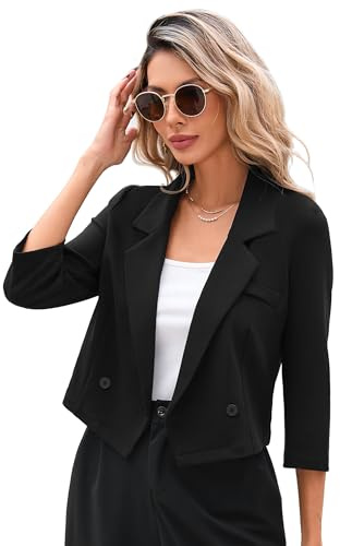KOJOOIN Blazer Donna Leggera Cropped Business Blazer Casual Open Blazer 3/4 Maniche corte Lavoro Ufficio Giacca (Confezione Multidire), Nero , S