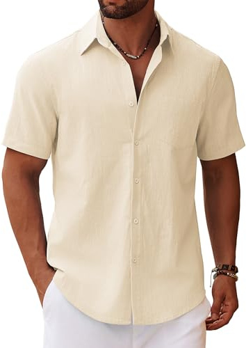 COOFANDY Mens Short Sleeve Shirts Summer Lightweight Linen Shirts Casual Cotton Shirt Regular Fit Solid Shirt with Pocket Beach Tops Holiday Beige M