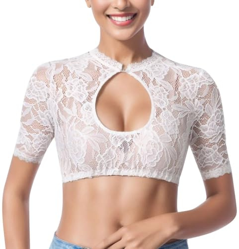 XFSRG Camicia Donna Elegante Maniche Corte in Pizzo Tradizionale Dirndl Bluse in Pizzo Sexy Trasparente Camicetta per Bavarese Oktoberfest(Bianco/XL)