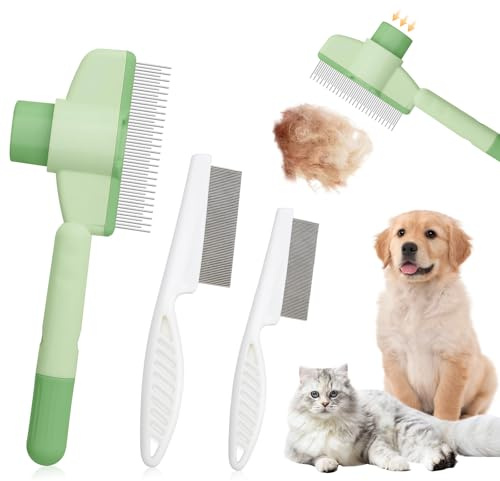 KAIYAYA 3 Stück Katzenbürste mit Flohkamm für Katzen, Katzenkamm Kurzhaar/Langhaar mit Einem Knopf, Edelstahl Katzenhaarbürste für Hunde & Katzen zum Entfernen von Losem Fell und Schmut