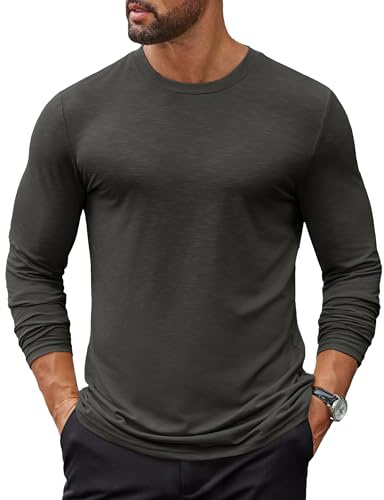 COOFANDY Camiseta Manga Larga Hombre Camisetas Basicas Camiseta Informal T Shirt Lisa Camisetas Cuello Redondo Gris Oscuro M