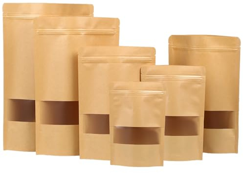 MOMAHUA 100P Bolsas de Kraft con Ventana y Cierre Hermético,10 * 15+3.5cm Bolsas de Papel Resellables para Café, Frutos Secos, Snacks y Té - 6 Tamaños,Base Ancha y Superficie para Escribir