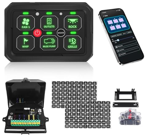 Chelhead 6-växlad strömbrytarpanel med Bluetooth-fjärrkontroll, marin-multifunktion, vattentät, IP65, kretsrelä systembox, indikatorlampa, automatiskt dimbar, 60-A-ljuslist strömbrytarpanel