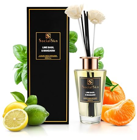 Lime Basil & Mandarin | Reed Diffuser 200ml | 33% Premium Fragrance Oil | Luxury Inspired by Jo Malone | Long Lasting Home Fragrance | 8 Reeds & 2 Decorative Flowers | Giftable Aroma Diffuser