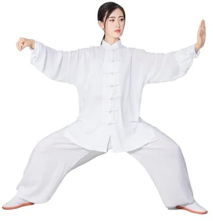 LVCHAO Tai Chi Uniform for Adults, Kung Fu Clothing, Martial Arts, Wing Chun Suit, Taichi Performance for Seniors Beginners Men Women(White,L)