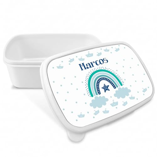 Anak Anak Fiambrera Infantil Arcoíris Azul Personalizada con Nombre – Plástico Libre de BPA con Tapa Hermética – Ideal para Colegio Guardería y Regalo Niño
