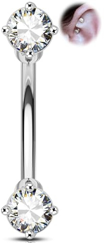 OUFER 16G Barbell per sopracciglia curvo, gioiello per piercing a forma di rook in acciaio chirurgico 316L con 2 pietre CZ scintillanti, orecchino a elica in argento da 6 mm