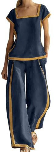 POIUIYQA Conjunto Mujer 2 Piezas Blusa de Manga Corta con Cuello Cuadrado + Pantalones Largos Anchos con Borde de Color Casual Transpirable Traje de Verano para Oficina