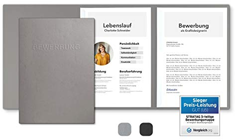 5 Stück 3-teilige Bewerbungsmappen Grau mit 2 Klemmschienen in feinster Lederstruktur - hochwertige Prägung ''BEWERBUNG'' - direkt vom Hersteller STRATAG