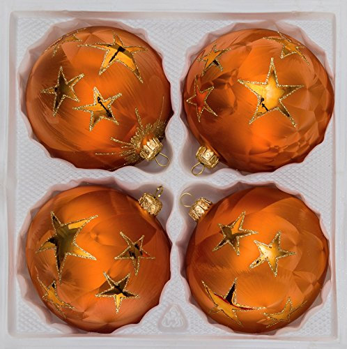 4 TLG. Glas-Weihnachtskugeln Set 8cm Ø in 'Ice Orange Gold' Goldener Stern - Christbaumkugeln - Weihnachtsschmuck-Christbaumschmuck 8cm Durchmesser