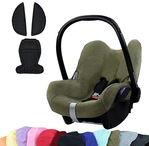 BAMBINIWELT KOMBI-ANGEBOT Sommerbezug, Schonbezug, Bezug aus Frottee + Gurtpolster für Maxi Cosi CabrioFix (olive +schwarz)