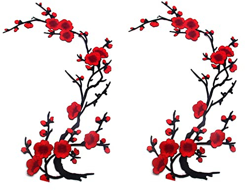 zeng bestickte Aufnäher zum Aufnähen oder Aufbügeln, Applikation für Kleider, Hosen, Hüte, Jeans, Nähen, Blumen-Applikation, Bastelzubehör, 2 Stück Pflaumenblüten-Patches