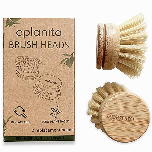 EPLANITA Testine di ricambio per spazzole per piatti in bambù (confezione da 2), ricariche in setole di sisal, fibre di cactus di agave, spazzole ecologiche da cucina per lavare i piatti