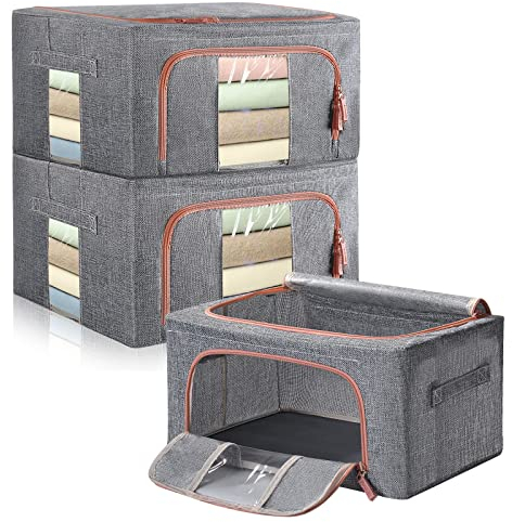 Aufbewahrungstaschen für Kleidung und Decke, 24L Stapelbarer Metallrahmen,Dickes Baumwollleinen Schutz vor Feuchtigkeitsstaub,Perfekt für Kleidung Spielzeug Bettwäsche (3er Set)