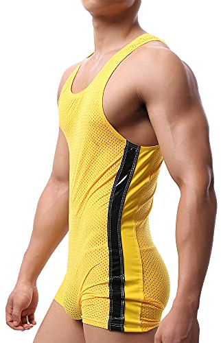 WMIERFI Men's Breathable Mesh Tank Top One Piece Wrestling Singlet Bodysuit Jumpsuit Leotard Briefs Underwear (M, Yellow 1)