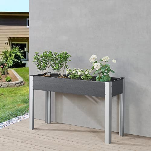 Potager Surélevé Grande Taille Jardinière Bac á Fleurs sur Pied Extérieur à Fond Grillagé Plantation Résistant Jardin Balcon Terasse Design Aluminium Bois Composite 125 x 40 x 75 cm Gris Foncé