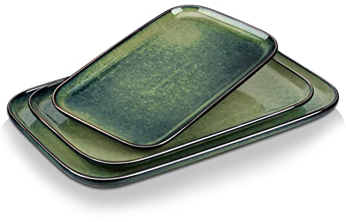 vancasso Serving Platters Set de 3, Plato Rectangular de Gres, 15/13/11 Pulgadas Platos Rectangulares para La Cena, Fiesta, Ensalada, Postres, Verde