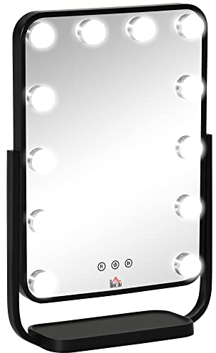 HOMCOM Hollywood Makeup Spiegel, Schminkspiegel mit 12 Dimmer-LED-Leuchten,12W Kosmetikspiegel mit 3 Lichtfarben, Touch-Steuerung für Schlafzimmer 32,8 x 11 x 47,4 cm