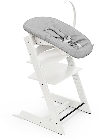 Stokke Tripp Trapp Chair (White) with Newborn Set (Grey) - Cosy, Safe & Simple to Use - for Newborns Up to 20 lbs