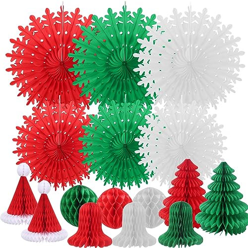 YUDAEE 16 Pcs Retro Reusable Christmas Decorations - Snowflake Paper Fans, Honeycomb Balls, Tree & Ceiling Hanging Decor for Xmas Home Decor