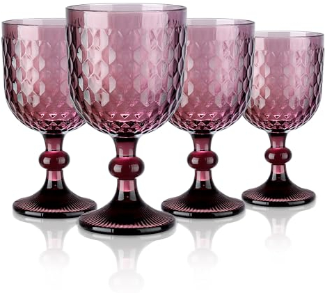 Joeyan Set de 4 Copas de Vino Vintage Púrpura,350ml Vino Taza de Vidrio con Relieve, Vasos Retro con Pie,Vajillas de Colores,Cristaleria para Bar Restaurante en Casa, Apto para Lavavajillas