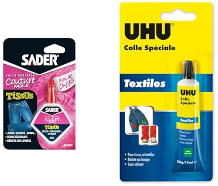 Sader Colle Spéciale Couture Finis les Ourlets – Colle Tissus et Textiles : Jeans, Cuir, Coton & UHU Colle spéciale textiles - Colle idéale pour les ourlets et réparer les trous et déchirures