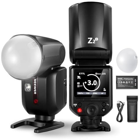 NEEWER Z2-C 2,4G TTL Rundkopf Blitz Speedlite kompatibel mit Canon Kameras, Studio Fotografie Licht, 76Ws 1/8000s HSS, Diffusor, 2 Modeling Lampen, TTL/M Toggle Key, 3000mAh, 600 Full Power Flash