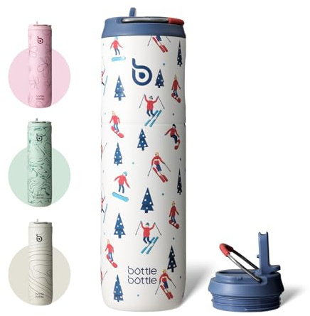 Insulated Water Bottle 700ml(24oz) with Straw, Lid, and Handle - Stainless Steel Sports Travel Gym Bottle for Men and Women (Skiing)