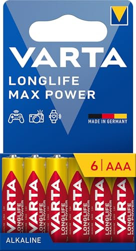 VARTA Pile AAA, confezione da 6, Longlife Max Power, Alcaline, 1,5V, ideale per fotocamere digitali e controller, imballaggio riciclato al 90%, Made in Germany