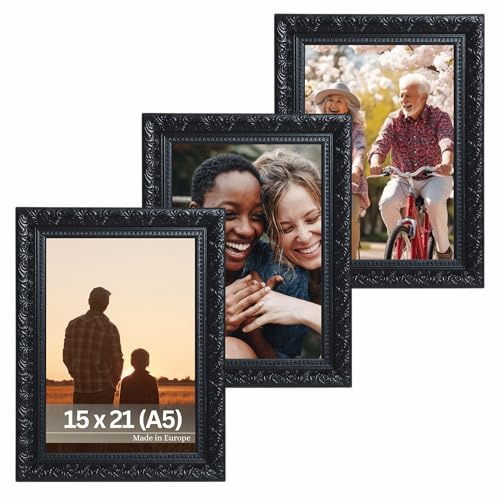 VictoR Vintage bildram Rubens set om 3 i 15 x 21 cm (A5) svart – list: 30 x 20 mm – äkta glas – fotoram barock – antik – bildram set 15 x 21 svart – fotoram A5 vintage