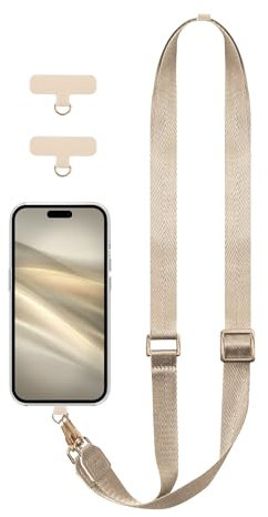 EKAX Adjustable Nylon Phone Lanyard with PU Leather Patch, Detachable Crossbody Lanyard, For Most Smartphones Phone Cases, Keychain, Camera, Multi-Use Strap (Beige (2-Piece Clip Set))