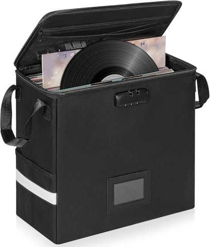 OUUTMEE Scatola di immagazzinaggio dischi in vinile ignifugo con serratura, impermeabile per dischi in vinile da 12, scatola di immagazzinaggio pieghevole per album LP, Nero , 17 x 34 x 34CM, Borsa