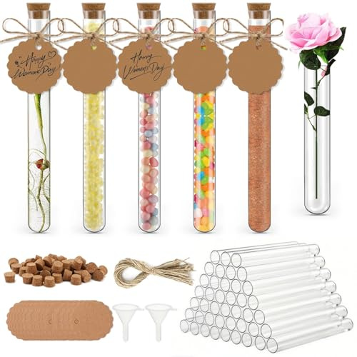 Zikenis 50 tubos de ensayo con corcho,16 x 150 mm,Probetas Plastico,con 50 etiquetas de papel kraft,50 de cuerda de cáñamo y 2 embudo para líquidos,caramelos,especias,cumpleaños