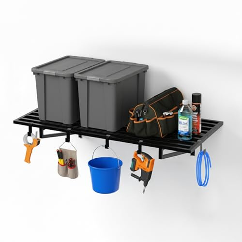 TimberAura 1-Pack Garage Wall Shelves, 2' x 4' Heavy Duty Wall Mounted Storage Rack with 3 Hooks, 250 lbs Capacity, Steel Garage Organization Shelving for Tools, Bins, and Power Equipment