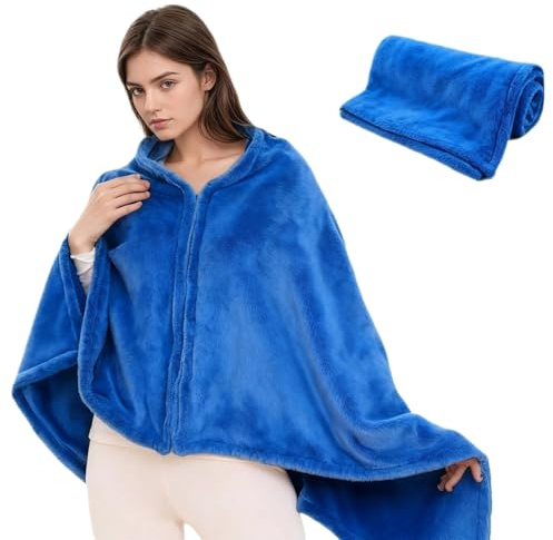 Pinbuton Wearable Blanket Poncho for Women & Men - 59x31 Flannel Fleece Shawl Wrap, Soft Office Chair Blanket, Blue