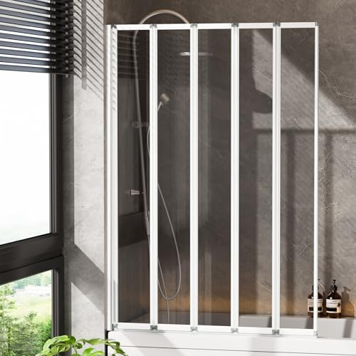 INMOZATA Shower Screen, 5 Panel Folding Bath Shower Screen, Over Bath Shower Screens Tempered Transparent Glass Panel Shower Screens（1200 * 1400mm，Metallic Silver & Transparent）