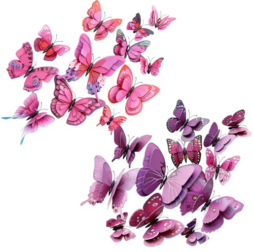 24PCS 3D Butterfly Wall Sticker,Double Layer Butterflies Decals for Walls,3D Butterfly Decorations for Home,Bedroom Accessories,Wedding,Party & Flower Decoration (Purple+Rose red)