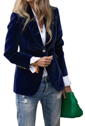 Blazer de terciopelo para mujer, elegante y vintage con botones, manga larga, chaqueta casual con solapa de muesca para otoño e invierno, para el trabajo y la oficina, azul, XL