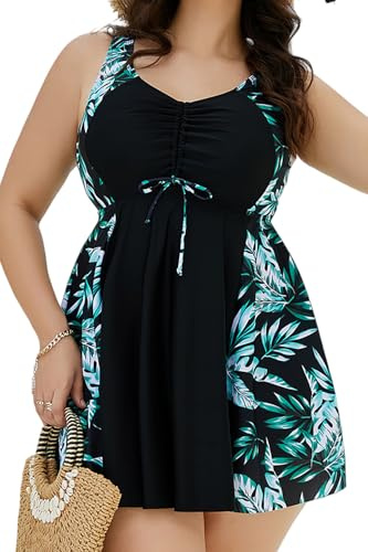 Viloree Tankini Set Robe de Bain imprimée Florale Grande Taille pour Femme Maillot de Bain Deux pièces avec Shorty Noir & Feuille 3XL
