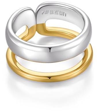 NOKMIT 14K Gold Silver Plated Stackable Rings for Women, Two-Tone Multi Ring Mixed Metal Statement Thumb Band, One-Piece Design, High Polish Comfort Fit, Size 6–10 (7)