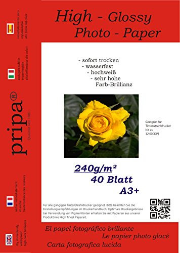 pripa - A3+ - 40 Blatt Fotopapier Photopapier DIN - A 3 + - 240g/qm - glossy glaenzend - sofort trocken - wasserfest - hochweiß - sehr hohe Farbbrillianz fuer InkJet Drucker Tintenstrahldrucker