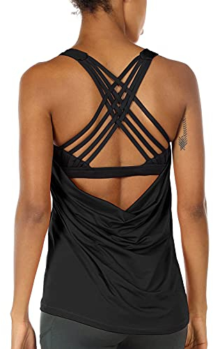 icyzone Damen Sport Tops mit Integriertem BH - 2 in 1 Yoga Gym Shirt Fitness Training Tanktop (M, Black)