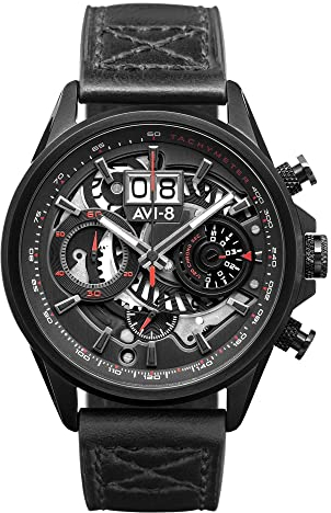 AVI-8 Mens 45mm Hawker Harrier Matador Chronograph Stealth Black Japanese Quartz Pilot Watch with Genuine Leather Strap AV-4065-05