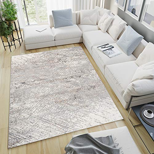 TAPISO Valley Teppich Kurzflor Weiß Grau Vintage Used Effekt Meliert Verwischt Abstrakt Modern Wohnzimmer Schlafzimmer ÖKO-TEX 160 x 220 cm
