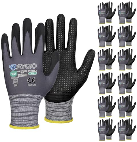 KAYGO MicroFoam Nitrile Coated Work Gloves, 12 Pairs KG19N Seamless Knit Nylon, Micro Dots for Enhanced Grip, Breathable and Durable, Ideal for Automotive, General Assembly, Painting, Gray, L